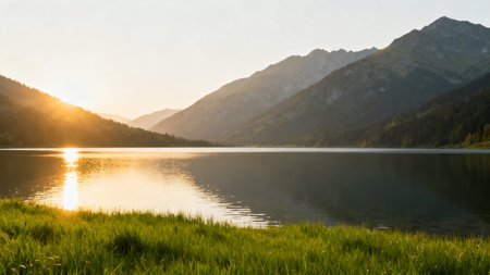 Mountain lake at sunsetの素材