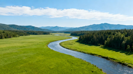 Aerial view of a small river flowing through a green meadow.の素材