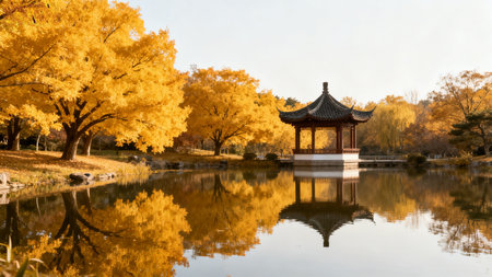 Gazebo near pond with yellow treesの素材