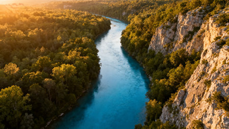 River winding through forested canyonの素材