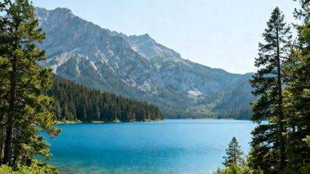 Mountain lake surrounded by forestの素材