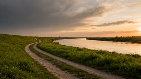 River path at sunset with cloudy skyの素材