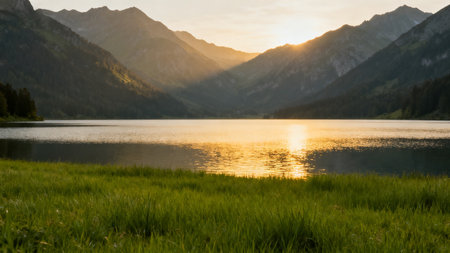 Mountain lake at sunsetの素材