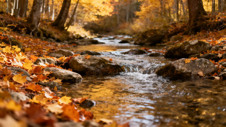 Autumn forest stream with fallen leavesの素材