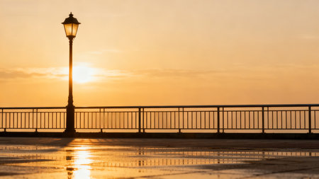 Sunset silhouette of lamp post and railingの素材