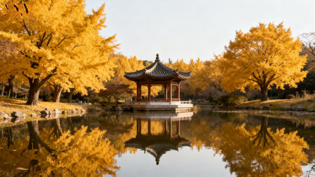 Autumn trees and pavilion by waterの素材