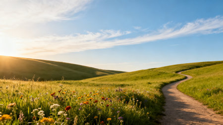 Winding path through flowerfilled hillsの素材