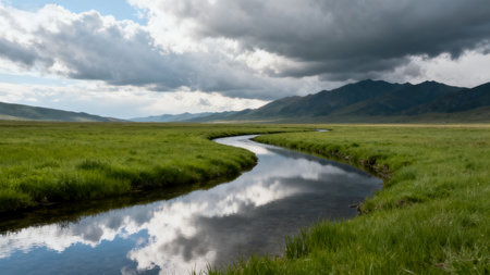 River flowing through green meadow with mountainsの素材