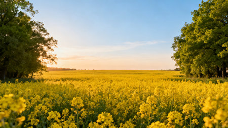 Yellow flower field with trees and blue skyの素材