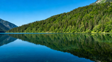 Mountain lake with forest and clear skyの素材
