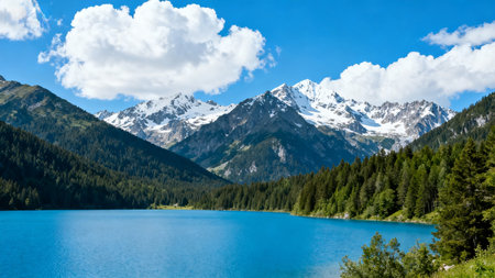 Mountain lake with snow capped peaksの素材