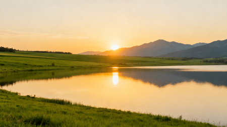 Sunset over lake and mountainsの素材