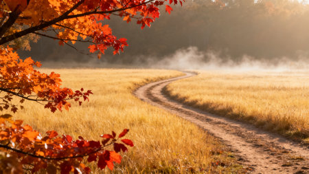 Autumn landscape with path and fogの素材
