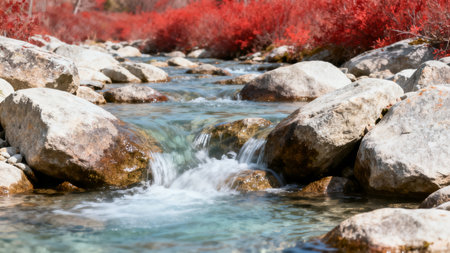 Stream flowing over rocks with red foliageの素材