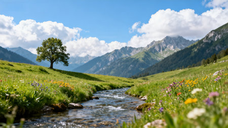 Mountain stream with trees and flowersの素材