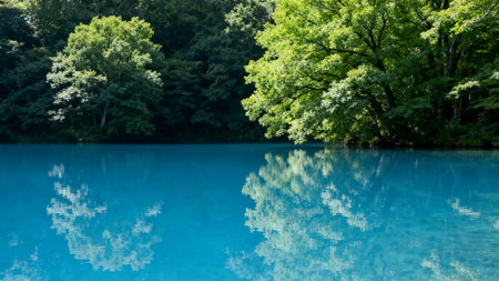 Blue lake surrounded by green treesの素材
