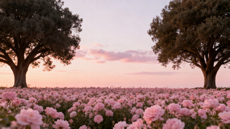 Pink flower field with trees at sunsetの素材
