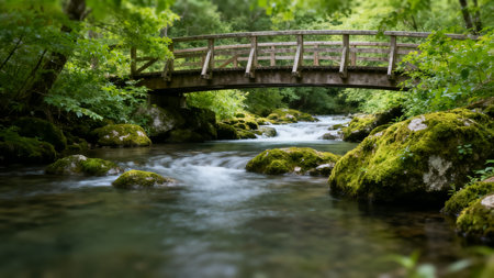 Wooden bridge over stream in forestの素材