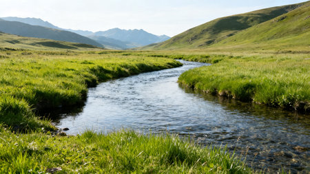 Mountain stream in green valleyの素材