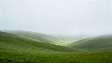 Rolling green hills in misty landscapeの素材