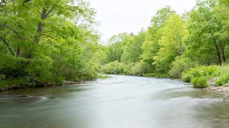 River flowing through lush green forestの素材