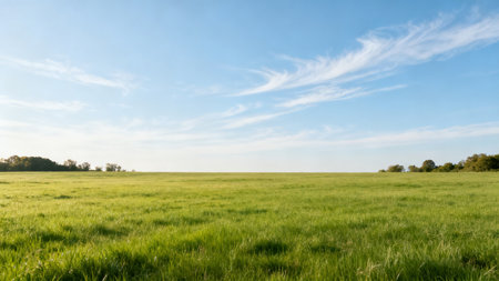 Open field under blue sky with cloudsの素材