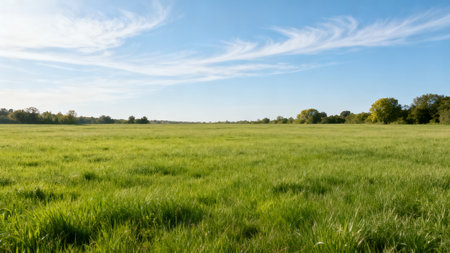 Open field with green grass and blue skyの素材