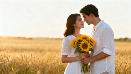 Young couple in love holding sunflower bouquet in the wheat fieldの素材