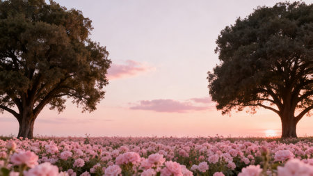 Pink flower field with two large treesの素材