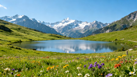 Mountain lake with snow peaksの素材