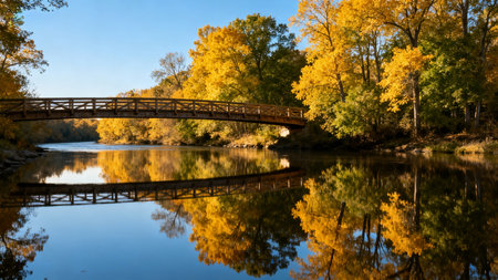 Wooden bridge over river with autumn treesの素材