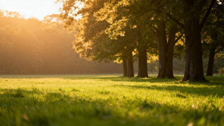 Sunlit trees in a grassy parkの素材