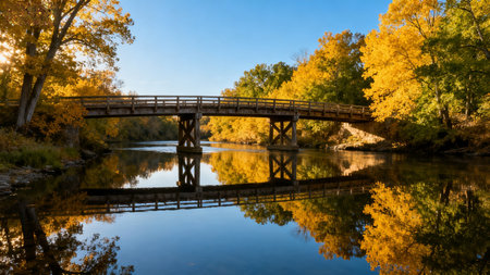 Wooden bridge over calm river in autumnの素材