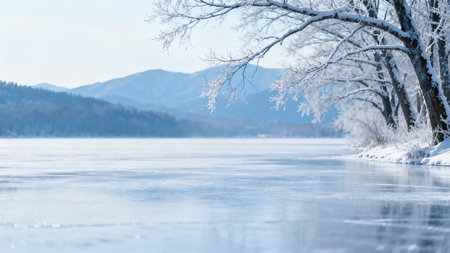 Snowy trees by frozen lake with mountainsの素材