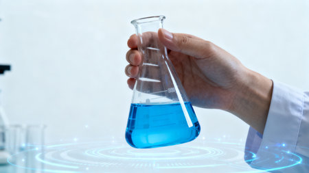 Laboratory glassware with blue liquid in scientist hand, science research and development conceptの素材