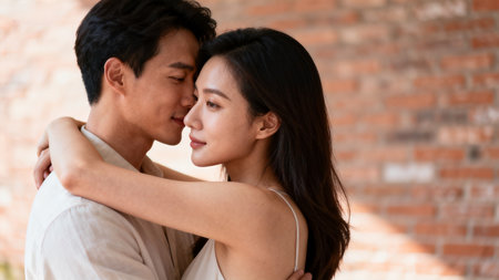 Young asian couple embracing and looking at each other while standing in front of brick wallの素材