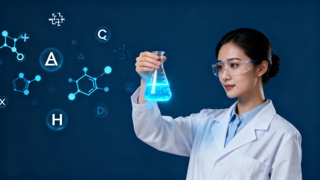 Woman in lab holding flask with blue liquidの素材
