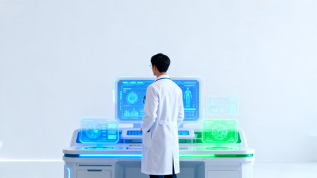 Doctor in lab with futuristic screensの素材