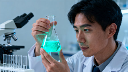 Man in lab examining flask with liquidの素材