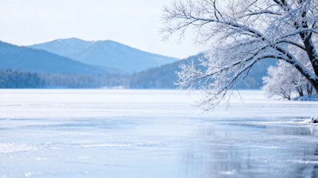 Snowy tree by frozen lake with mountainsの素材