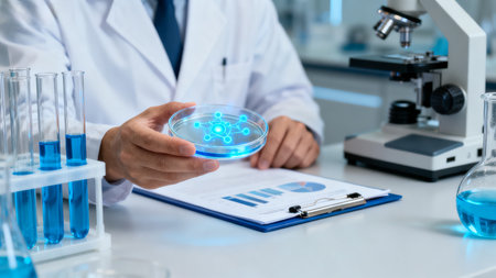 Scientist holding petri dish in labの素材