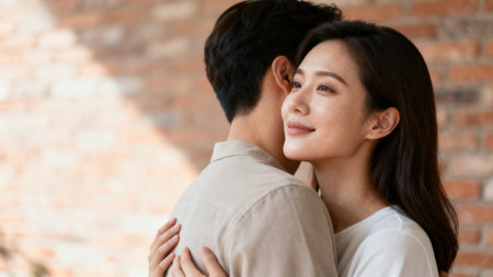 Happy asian couple embracing each other and looking at each other. Young asian man and woman embracing in living room at home. Romance and love conceptの素材