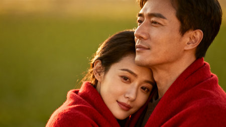 Couple in a field at sunsetの素材