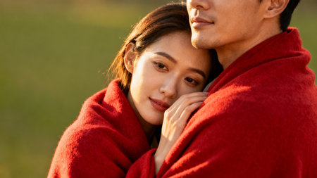 Couple in red blanket outdoorsの素材