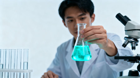 Scientist examining blue liquid in flaskの素材