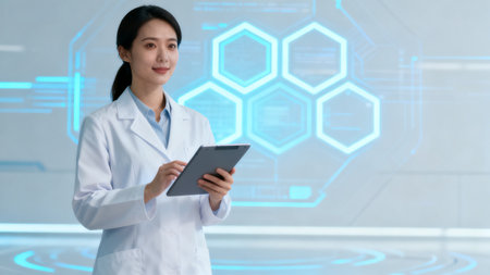 Woman in lab coat using tabletの素材
