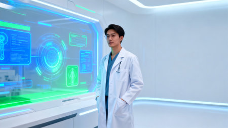 asian male doctor working with modern medical technology and digital hologramの素材