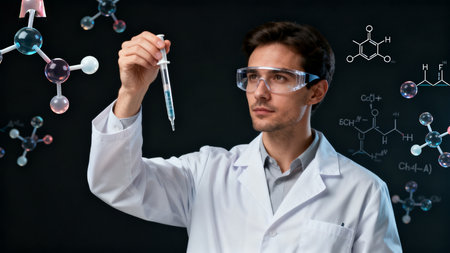 Scientist holding syringe with chemical modelsの素材