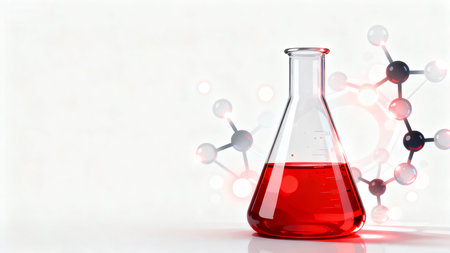 Chemical flask with red liquid and molecular modelの素材