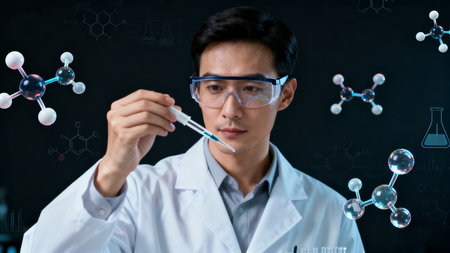 science, chemistry, biology, medicine and people concept - close up of male scientist or doctor with test tube and flask over blackboard backgroundの素材